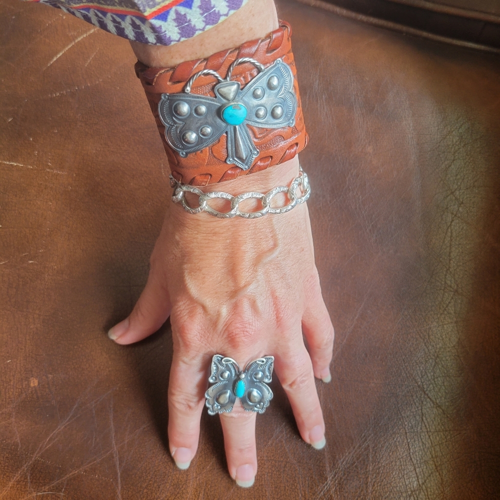 Navajo Turquoise Butterfly Leather Cuff Bracelet
